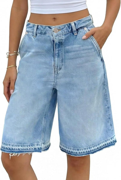 High Waisted Baggy Bermuda Denim Shorts With Raw Hem