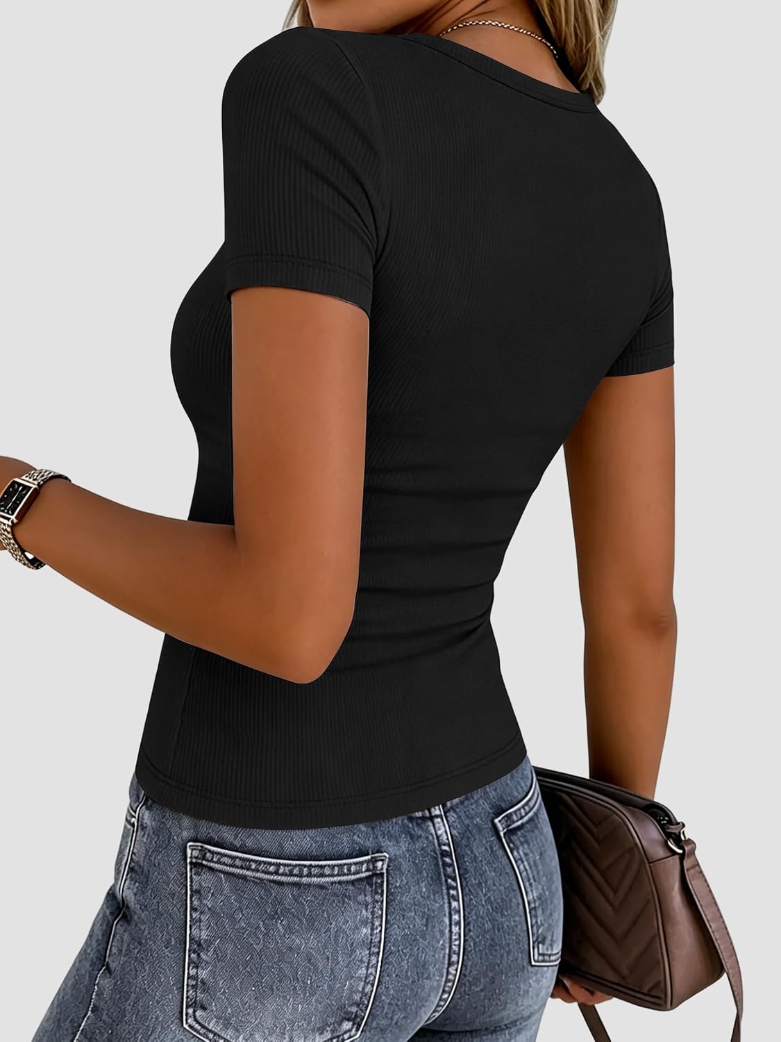 Women’s Ribbed Knit Short Sleeve Crewneck Fitted Top