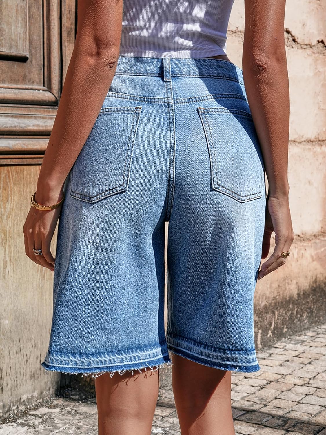 High Waisted Baggy Bermuda Denim Shorts With Raw Hem