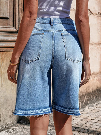 High Waisted Baggy Bermuda Denim Shorts With Raw Hem